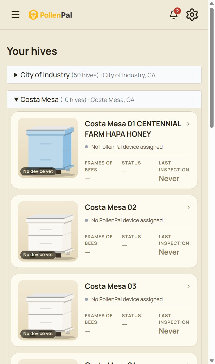 PollenPal apiary and hive list on a phone