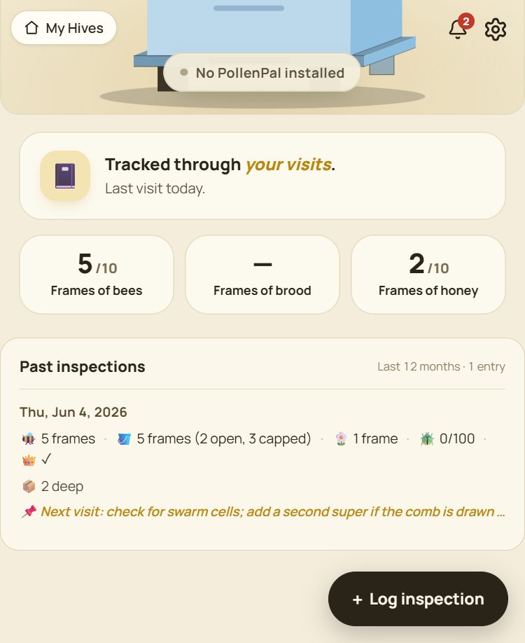 PollenPal inspection history timeline with photos on a phone