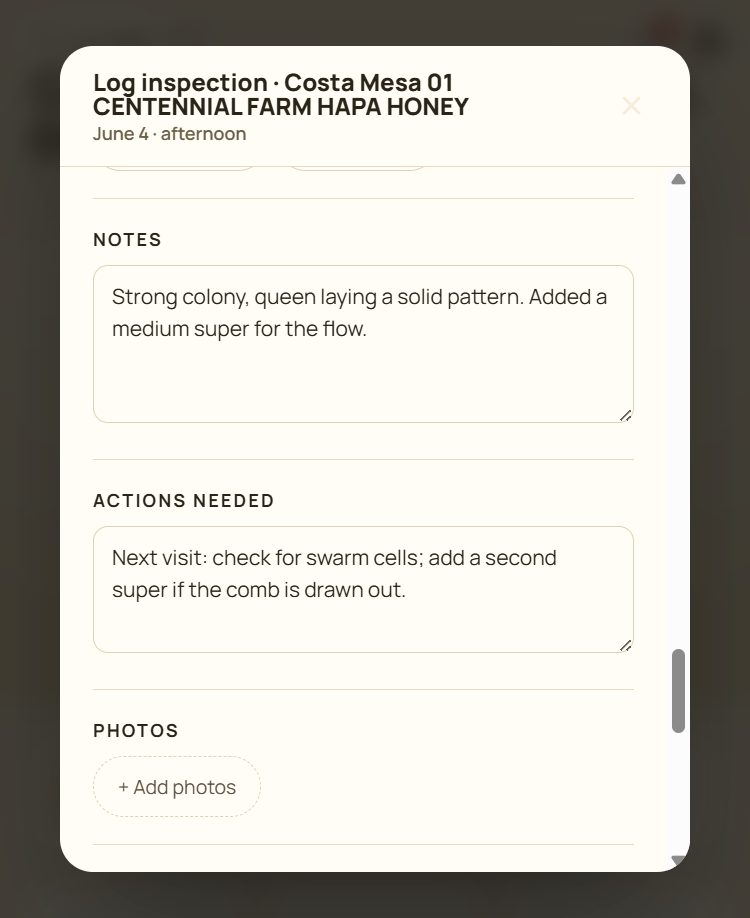 PollenPal next-visit actions on the hive timeline